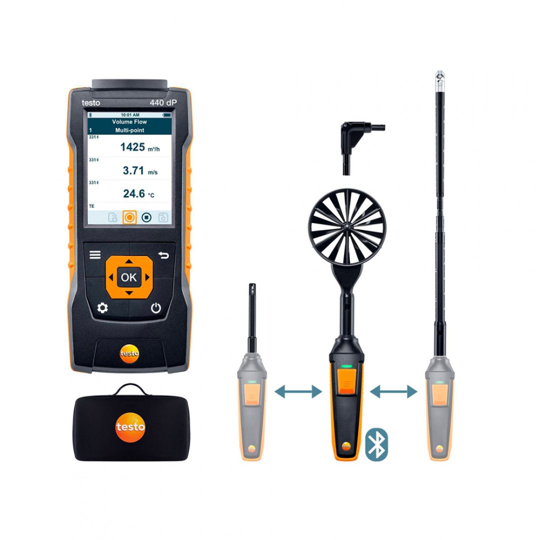 Imagen Set testo 440 dP - Set Pro 2 son sondas de molinete de 100 mm y 16 mm y sonda de humedad/temperatura