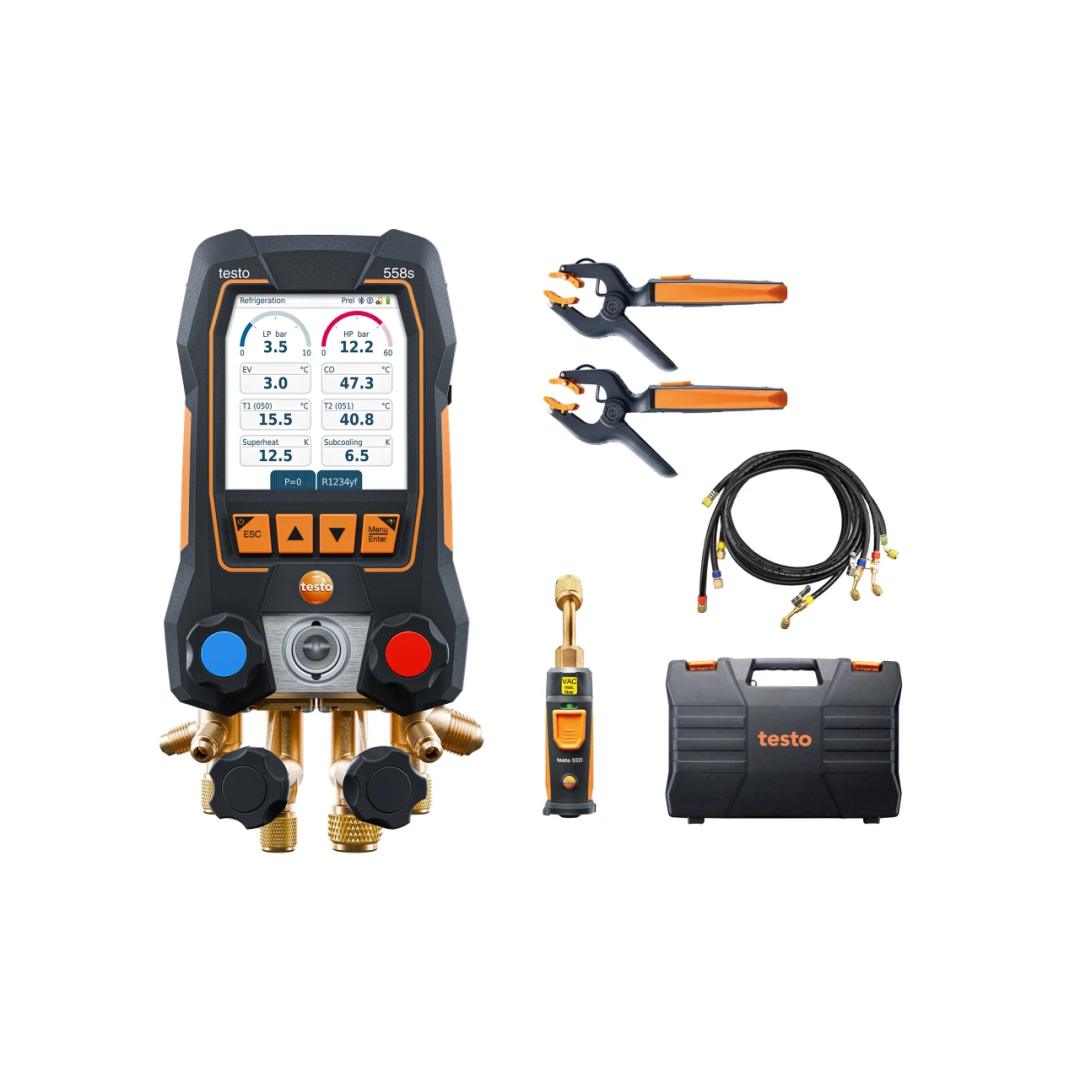 Imagen Set analizador de refrigeración testo 558s - Set Smart Bluetooth con vacuómetro, sondas de temperatura y mangueras de llenado