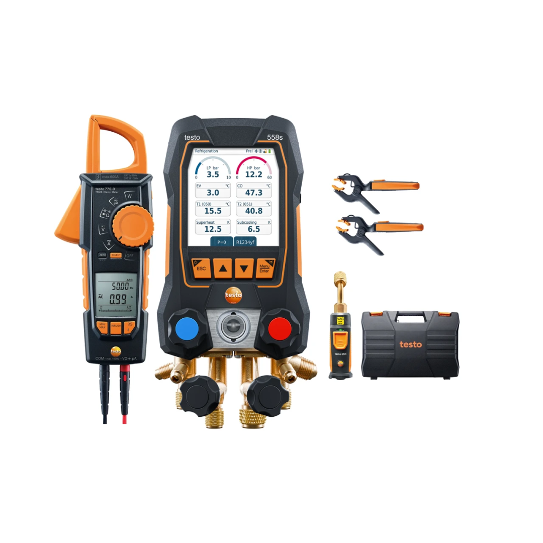 Imagen Set analizador de refrigeración testo 558s - Set Smart Bluetooth con vacuómetro, sondas de temperatura y pinza vatimétrica